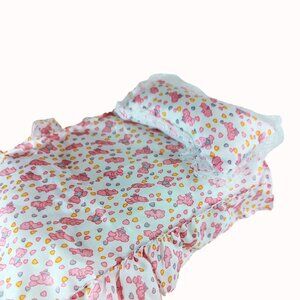 Doll Bed Sheet Pillow Set With Pink Bears Hearts Pattern Ruffled Edges